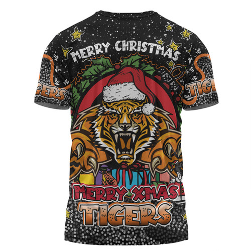 Wests Tigers Christmas Custom T-shirt - Merry Christmas Our Beloved Team With Aboriginal Dot Art Pattern T-shirt Wests Tigers Christmas Custom T-shirt - Merry Christmas Our Beloved Team With Aboriginal Dot Art Pattern T-shirt