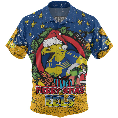 Parramatta Eels Christmas Custom Hawaiian Shirt - Merry Christmas Our Beloved Team With Aboriginal Dot Art Pattern Hawaiian Shirt