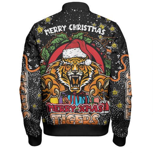 Wests Tigers Christmas Custom Bomber Jacket - Merry Christmas Our Beloved Team With Aboriginal Dot Art Pattern Bomber Jacket Wests Tigers Christmas Custom Bomber Jacket - Merry Christmas Our Beloved Team With Aboriginal Dot Art Pattern Bomber Jacket