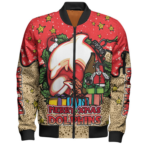 Redcliffe Dolphins Christmas Custom Bomber Jacket - Merry Christmas Our Beloved Team With Aboriginal Dot Art Pattern Bomber Jacket