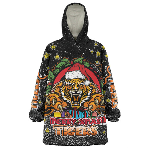 Wests Tigers Christmas Custom Snug Hoodie - Merry Christmas Our Beloved Team With Aboriginal Dot Art Pattern Snug Hoodie