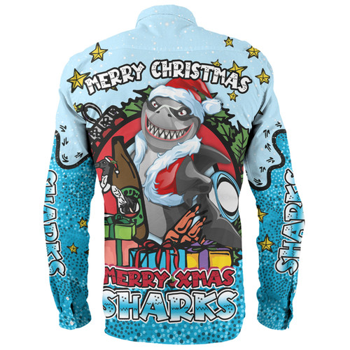Cronulla-Sutherland Sharks Christmas Custom Long Sleeve Shirt - Merry Christmas Our Beloved Team With Aboriginal Dot Art Pattern Long Sleeve Shirt