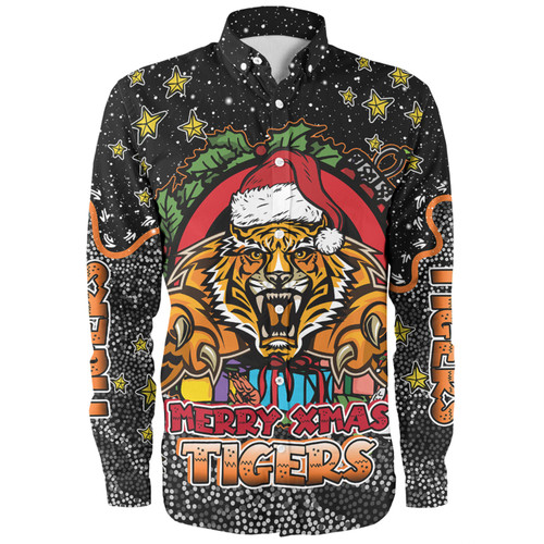 Wests Tigers Christmas Custom Long Sleeve Shirt - Merry Christmas Our Beloved Team With Aboriginal Dot Art Pattern Long Sleeve Shirt