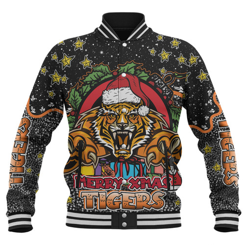 Wests Tigers Christmas Custom Baseball Jacket - Merry Christmas Our Beloved Team With Aboriginal Dot Art Pattern Baseball Jacket