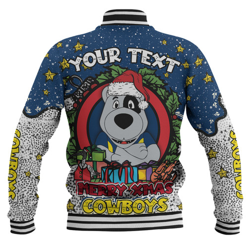 North Queensland Cowboys Christmas Custom Baseball Jacket - Merry Christmas Our Beloved Team With Aboriginal Dot Art Pattern Baseball Jacket