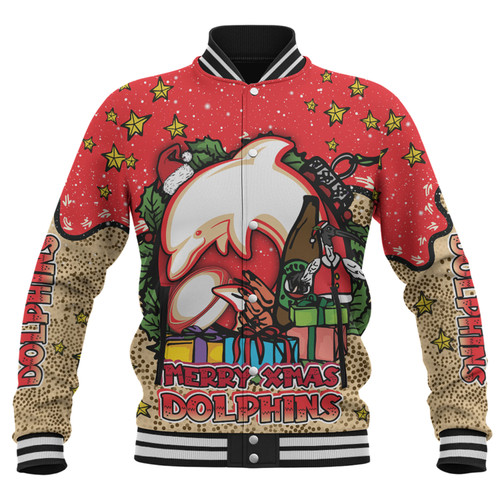 Redcliffe Dolphins Christmas Custom Baseball Jacket - Merry Christmas Our Beloved Team With Aboriginal Dot Art Pattern Baseball Jacket