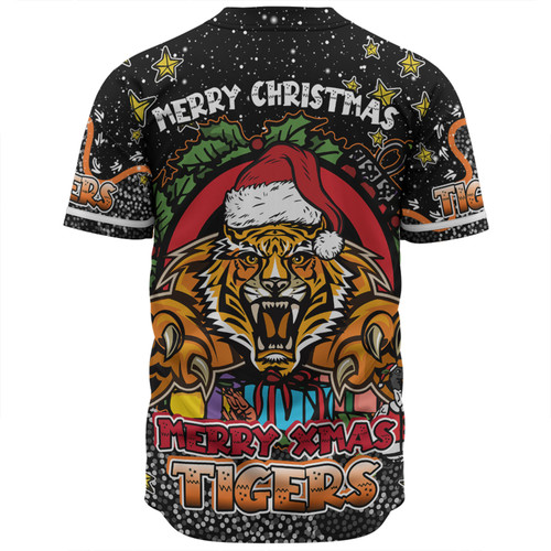 Wests Tigers Christmas Custom Baseball Shirt - Merry Christmas Our Beloved Team With Aboriginal Dot Art Pattern Baseball Shirt Wests Tigers Christmas Custom Baseball Shirt - Merry Christmas Our Beloved Team With Aboriginal Dot Art Pattern Baseball Shirt