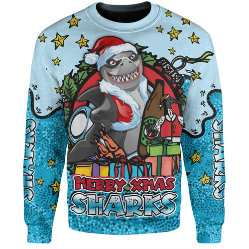 Cronulla-Sutherland Sharks Christmas Custom Sweatshirt - Merry Christmas Our Beloved Team With Aboriginal Dot Art Pattern Sweatshirt