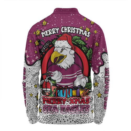 Manly Warringah Sea Eagles Christmas Custom Long Sleeve Polo Shirt - Merry Christmas Our Beloved Team With Aboriginal Dot Art Pattern Long Sleeve Polo Shirt