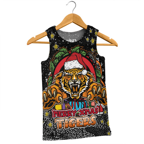 Wests Tigers Christmas Custom Men Singlet - Merry Christmas Our Beloved Team With Aboriginal Dot Art Pattern Men Singlet