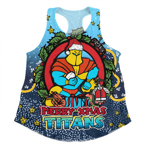 Gold Coast Titans Christmas Custom Women Racerback Singlet - Merry Christmas Our Beloved Team With Aboriginal Dot Art Pattern Women Racerback Singlet