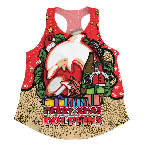 Redcliffe Dolphins Christmas Custom Women Racerback Singlet - Merry Christmas Our Beloved Team With Aboriginal Dot Art Pattern Women Racerback Singlet