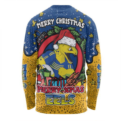 Parramatta Eels Christmas Custom Long Sleeve T-shirt - Merry Christmas Our Beloved Team With Aboriginal Dot Art Pattern Long Sleeve T-shirt