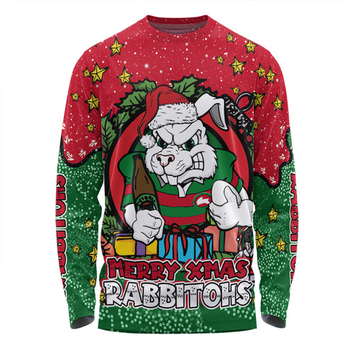 South of Sydney Rabbitohs Christmas Custom Long Sleeve T-shirt - Merry Christmas Our Beloved Team With Aboriginal Dot Art Pattern Long Sleeve T-shirt