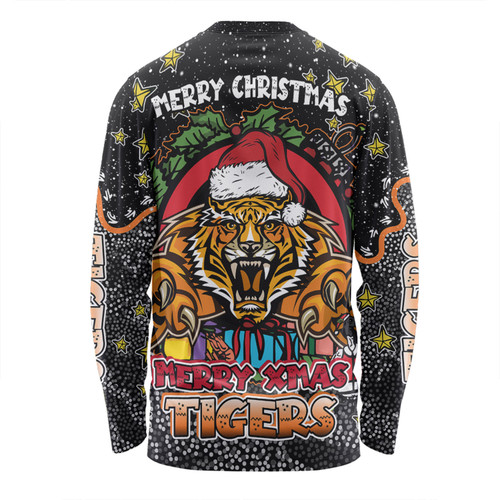 Wests Tigers Christmas Custom Long Sleeve T-shirt - Merry Christmas Our Beloved Team With Aboriginal Dot Art Pattern Long Sleeve T-shirt Wests Tigers Christmas Custom Long Sleeve T-shirt - Merry Christmas Our Beloved Team With Aboriginal Dot Art Pattern Long Sleeve T-shirt