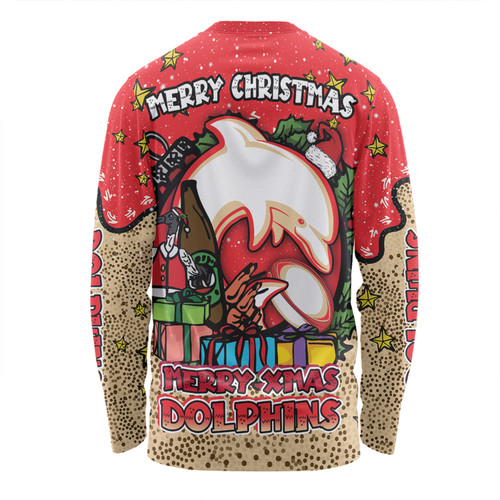 Redcliffe Dolphins Christmas Custom Long Sleeve T-shirt - Merry Christmas Our Beloved Team With Aboriginal Dot Art Pattern Long Sleeve T-shirt Redcliffe Dolphins Christmas Custom Long Sleeve T-shirt - Merry Christmas Our Beloved Team With Aboriginal Dot Art Pattern Long Sleeve T-shirt