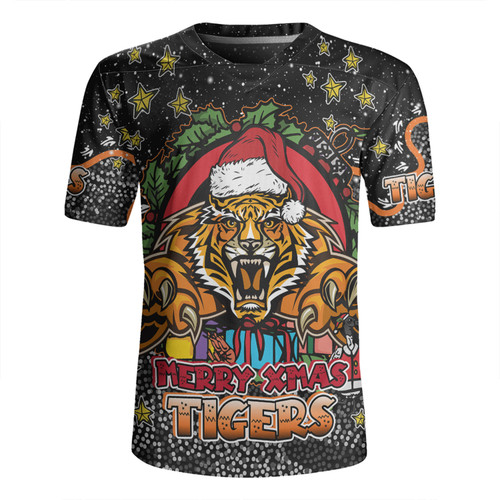 Wests Tigers Christmas Custom Rugby Jersey - Merry Christmas Our Beloved Team With Aboriginal Dot Art Pattern Rugby Jersey