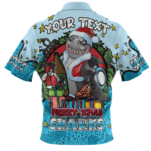 Cronulla-Sutherland Sharks Christmas Custom Zip Polo Shirt - Merry Christmas Our Beloved Team With Aboriginal Dot Art Pattern Zip Polo Shirt