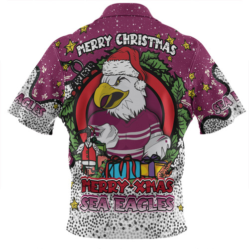 Manly Warringah Sea Eagles Christmas Custom Zip Polo Shirt - Merry Christmas Our Beloved Team With Aboriginal Dot Art Pattern Zip Polo Shirt