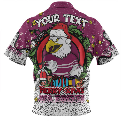 Manly Warringah Sea Eagles Christmas Custom Zip Polo Shirt - Merry Christmas Our Beloved Team With Aboriginal Dot Art Pattern Zip Polo Shirt