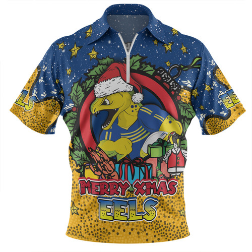 Parramatta Eels Christmas Custom Zip Polo Shirt - Merry Christmas Our Beloved Team With Aboriginal Dot Art Pattern Zip Polo Shirt