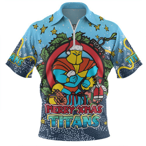 Gold Coast Titans Christmas Custom Zip Polo Shirt - Merry Christmas Our Beloved Team With Aboriginal Dot Art Pattern Zip Polo Shirt