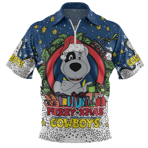 North Queensland Cowboys Christmas Custom Zip Polo Shirt - Merry Christmas Our Beloved Team With Aboriginal Dot Art Pattern Zip Polo Shirt