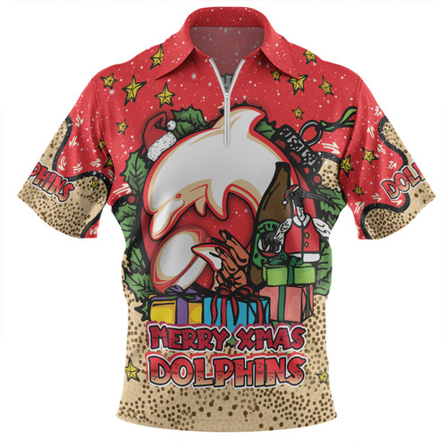 Redcliffe Dolphins Christmas Custom Zip Polo Shirt - Merry Christmas Our Beloved Team With Aboriginal Dot Art Pattern Zip Polo Shirt