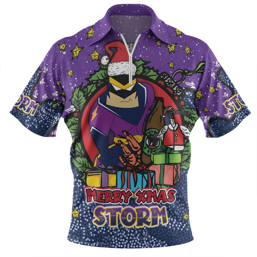 Melbourne Storm Christmas Custom Zip Polo Shirt - Merry Christmas Our Beloved Team With Aboriginal Dot Art Pattern Zip Polo Shirt