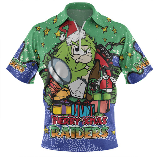 Canberra Raiders Christmas Custom Zip Polo Shirt - Merry Christmas Our Beloved Team With Aboriginal Dot Art Pattern Zip Polo Shirt