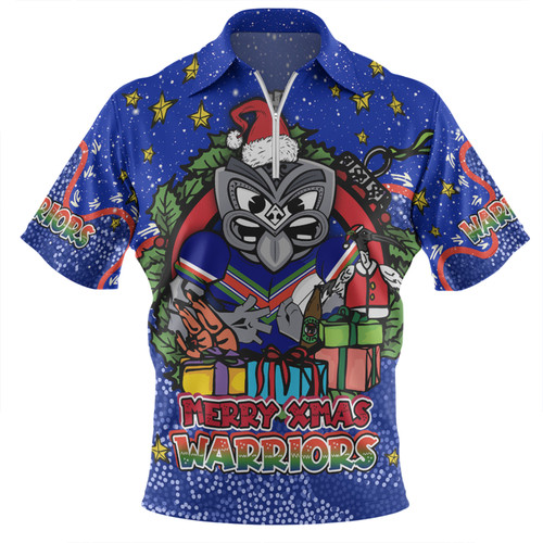 New Zealand Warriors Christmas Custom Zip Polo Shirt - Merry Christmas Our Beloved Team With Aboriginal Dot Art Pattern Zip Polo Shirt