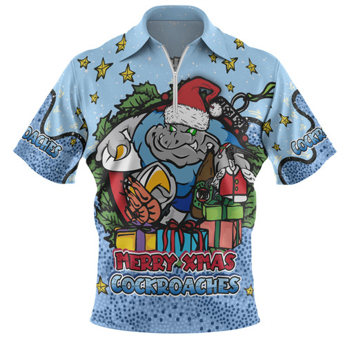 New South Wales Cockroaches Christmas Custom Zip Polo Shirt - Merry Christmas Our Beloved Team With Aboriginal Dot Art Pattern Zip Polo Shirt