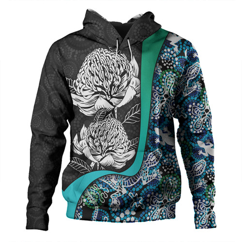 Australia  Warratah Goanna Aboriginal Hoodie - Waratah Flowers With Blue Lizards, Stones, Sand Dot Art Painting Inspired Hoodie