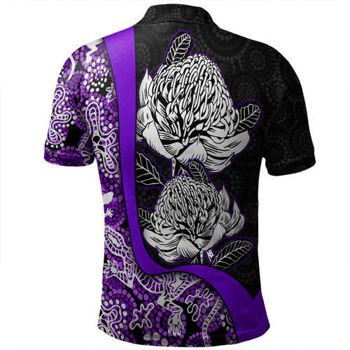 Australia  Warratah Goanna Aboriginal Polo Shirt - Waratah Flowers With Purple Lizards, Stones, Sand Dot Art Painting Inspired Polo Shirt Australia  Warratah Goanna Aboriginal Polo Shirt - Waratah Flowers With Purple Lizards, Stones, Sand Dot Art Painting Inspired Polo Shirt