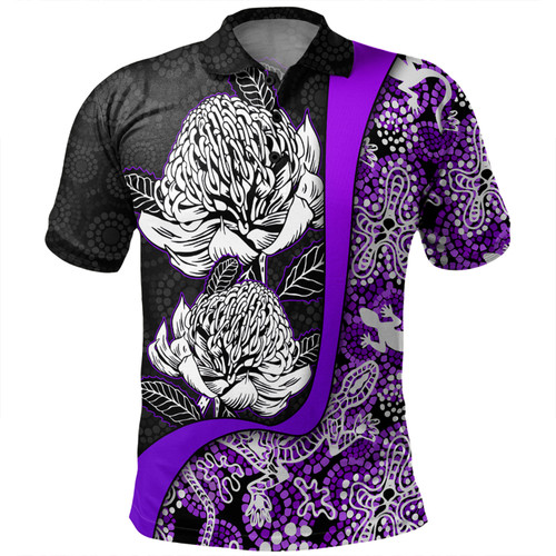 Australia  Warratah Goanna Aboriginal Polo Shirt - Waratah Flowers With Purple Lizards, Stones, Sand Dot Art Painting Inspired Polo Shirt