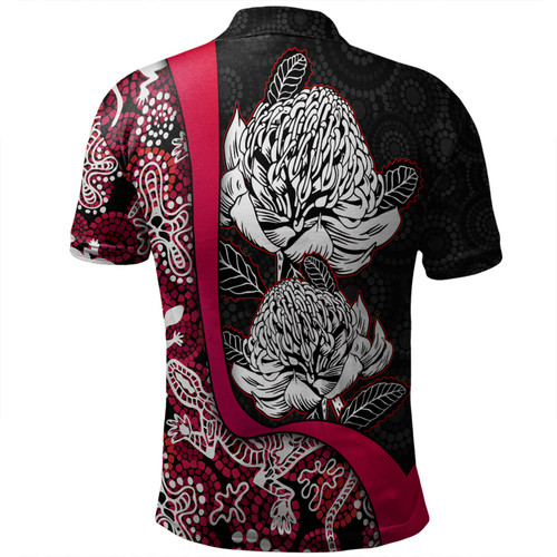 Australia  Warratah Goanna Aboriginal Polo Shirt - Waratah Flowers With Red Lizards, Stones, Sand Dot Art Painting Inspired Polo Shirt Australia  Warratah Goanna Aboriginal Polo Shirt - Waratah Flowers With Red Lizards, Stones, Sand Dot Art Painting Inspired Polo Shirt