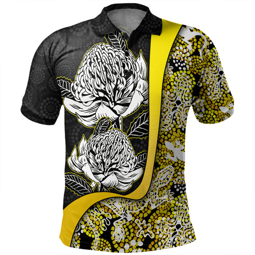 Australia  Warratah Goanna Aboriginal Polo Shirt - Waratah Flowers With Yellow Lizards, Stones, Sand Dot Art Painting Inspired Polo Shirt