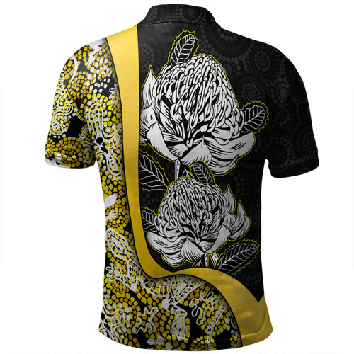 Australia  Warratah Goanna Aboriginal Polo Shirt - Waratah Flowers With Yellow Lizards, Stones, Sand Dot Art Painting Inspired Polo Shirt Australia  Warratah Goanna Aboriginal Polo Shirt - Waratah Flowers With Yellow Lizards, Stones, Sand Dot Art Painting Inspired Polo Shirt
