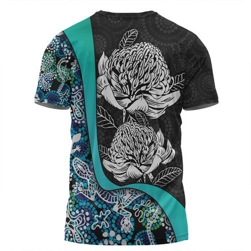 Australia  Warratah Goanna Aboriginal T-shirt - Waratah Flowers With Blue Lizards, Stones, Sand Dot Art Painting Inspired T-shirt