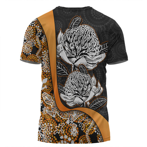 Australia  Warratah Goanna Aboriginal T-shirt - Waratah Flowers With Orange Lizards, Stones, Sand Dot Art Painting Inspired T-shirt Australia  Warratah Goanna Aboriginal T-shirt - Waratah Flowers With Orange Lizards, Stones, Sand Dot Art Painting Inspired T-shirt