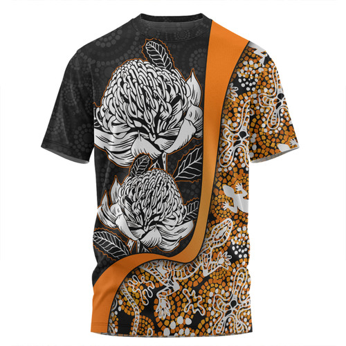Australia  Warratah Goanna Aboriginal T-shirt - Waratah Flowers With Orange Lizards, Stones, Sand Dot Art Painting Inspired T-shirt