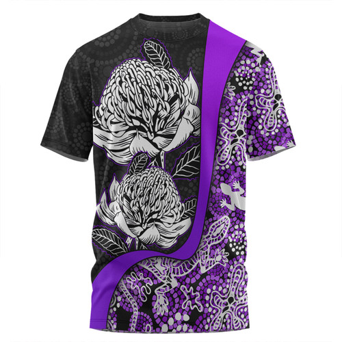 Australia  Warratah Goanna Aboriginal T-shirt - Waratah Flowers With Purple Lizards, Stones, Sand Dot Art Painting Inspired T-shirt