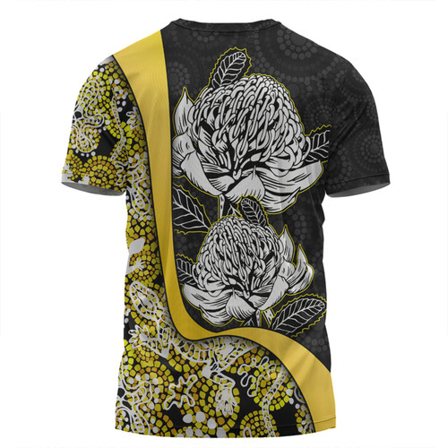 Australia  Warratah Goanna Aboriginal T-shirt - Waratah Flowers With Yellow Lizards, Stones, Sand Dot Art Painting Inspired T-shirt Australia  Warratah Goanna Aboriginal T-shirt - Waratah Flowers With Yellow Lizards, Stones, Sand Dot Art Painting Inspired T-shirt