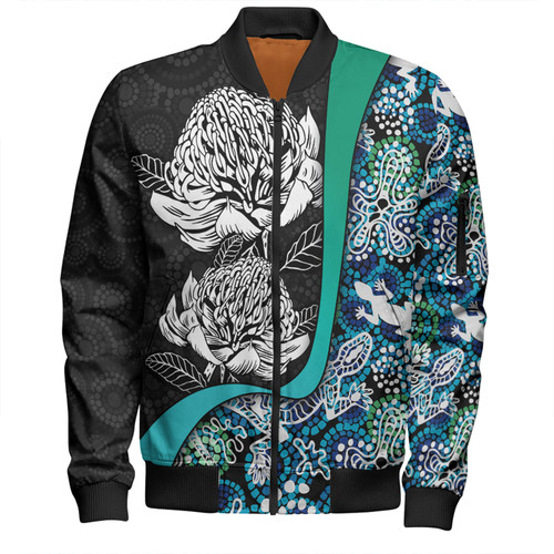 Australia  Warratah Goanna Aboriginal Bomber Jacket - Waratah Flowers With Blue Lizards, Stones, Sand Dot Art Painting Inspired Bomber Jacket