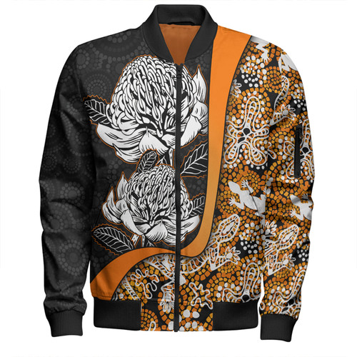 Australia  Warratah Goanna Aboriginal Bomber Jacket - Waratah Flowers With Orange Lizards, Stones, Sand Dot Art Painting Inspired Bomber Jacket