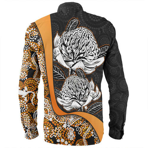 Australia  Warratah Goanna Aboriginal Long Sleeve Shirt - Waratah Flowers With Orange Lizards, Stones, Sand Dot Art Painting Inspired Long Sleeve Shirt Australia  Warratah Goanna Aboriginal Long Sleeve Shirt - Waratah Flowers With Orange Lizards, Stones, Sand Dot Art Painting Inspired Long Sleeve Shirt