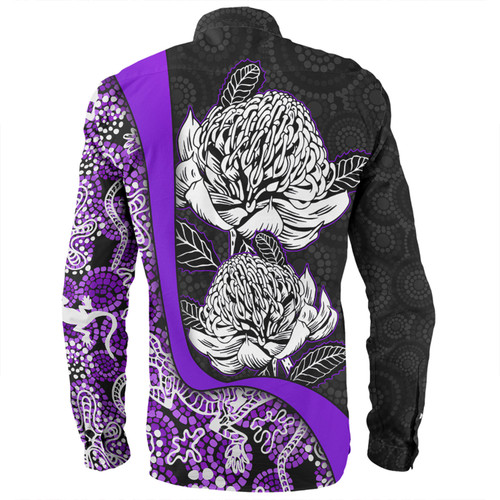 Australia  Warratah Goanna Aboriginal Long Sleeve Shirt - Waratah Flowers With Purple Lizards, Stones, Sand Dot Art Painting Inspired Long Sleeve Shirt Australia  Warratah Goanna Aboriginal Long Sleeve Shirt - Waratah Flowers With Purple Lizards, Stones, Sand Dot Art Painting Inspired Long Sleeve Shirt