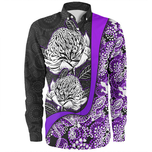 Australia  Warratah Goanna Aboriginal Long Sleeve Shirt - Waratah Flowers With Purple Lizards, Stones, Sand Dot Art Painting Inspired Long Sleeve Shirt