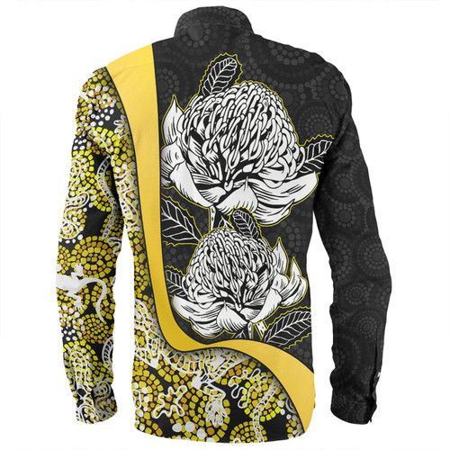 Australia  Warratah Goanna Aboriginal Long Sleeve Shirt - Waratah Flowers With Yellow Lizards, Stones, Sand Dot Art Painting Inspired Long Sleeve Shirt Australia  Warratah Goanna Aboriginal Long Sleeve Shirt - Waratah Flowers With Yellow Lizards, Stones, Sand Dot Art Painting Inspired Long Sleeve Shirt