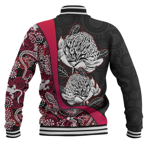 Australia  Warratah Goanna Aboriginal Baseball Jacket - Waratah Flowers With Red Lizards, Stones, Sand Dot Art Painting Inspired Baseball Jacket Australia  Warratah Goanna Aboriginal Baseball Jacket - Waratah Flowers With Red Lizards, Stones, Sand Dot Art Painting Inspired Baseball Jacket